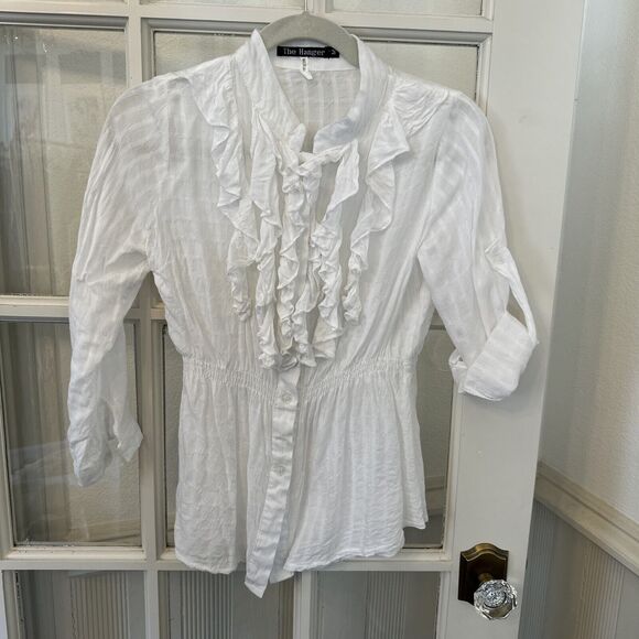 White Gauze Ruffle Front Button Up Blouse Juniors M Roll Tab Sleeve - Picture 1 of 9
